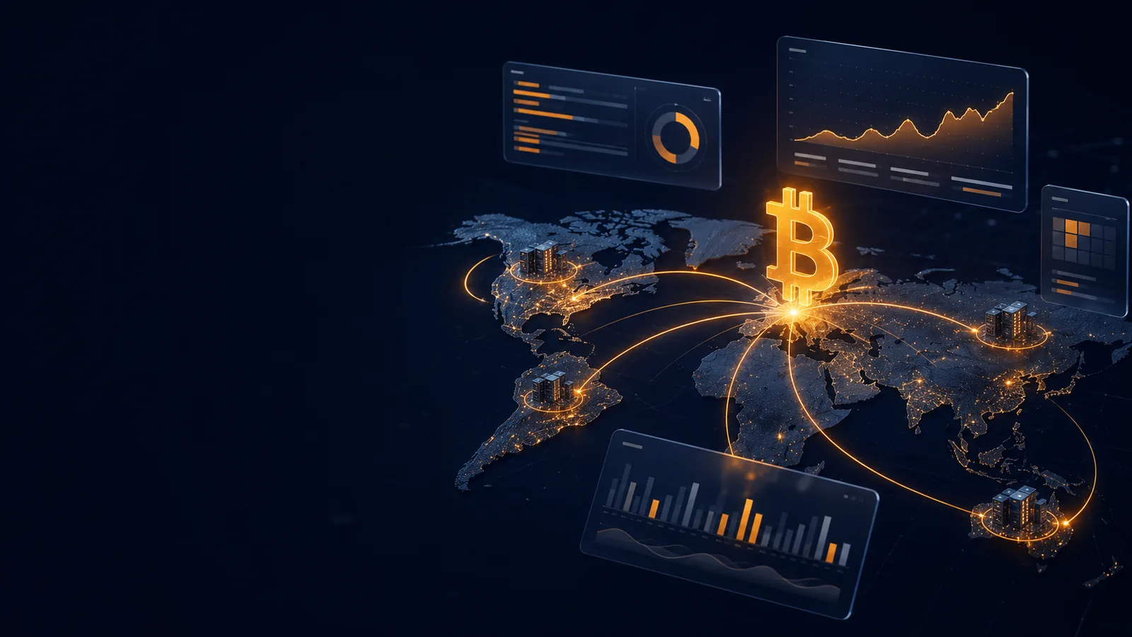 Global Bitcoin mining network — world map with connected mining hubs and data dashboards